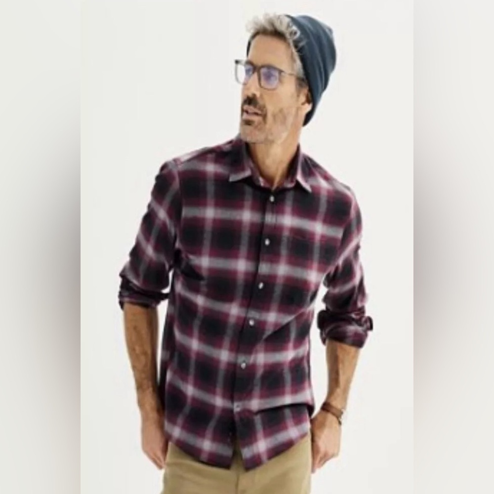 Apt 9, Men’s Standard Fit Premier Flex Flannel Shirt, Sz S, Maroon, NWT